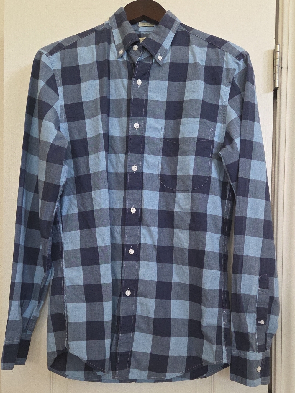 J. Crew Men's Light and Navy Blue Buffalo Check Button-Down Shirt